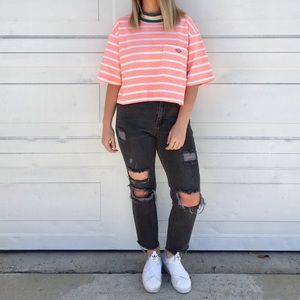 Gotcha Mock Neck Striped Cropped Tee
